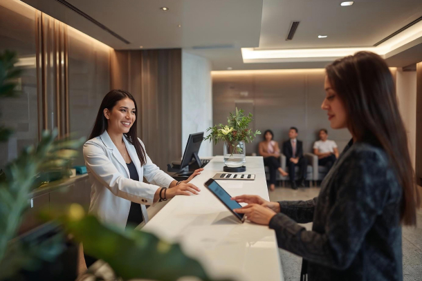 Medspa front desk coordinator using spa management software on tablet during seamless client check-in.