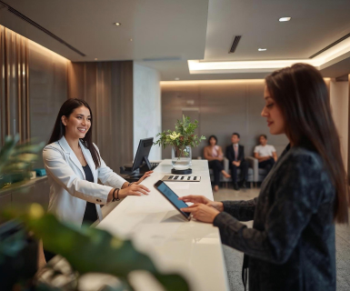 Medspa front desk coordinator using spa management software on tablet during seamless client check-in.