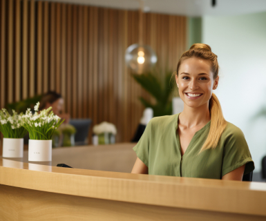 Med spa front desk staff member smiling and ready to increase med spa leads with better client intake