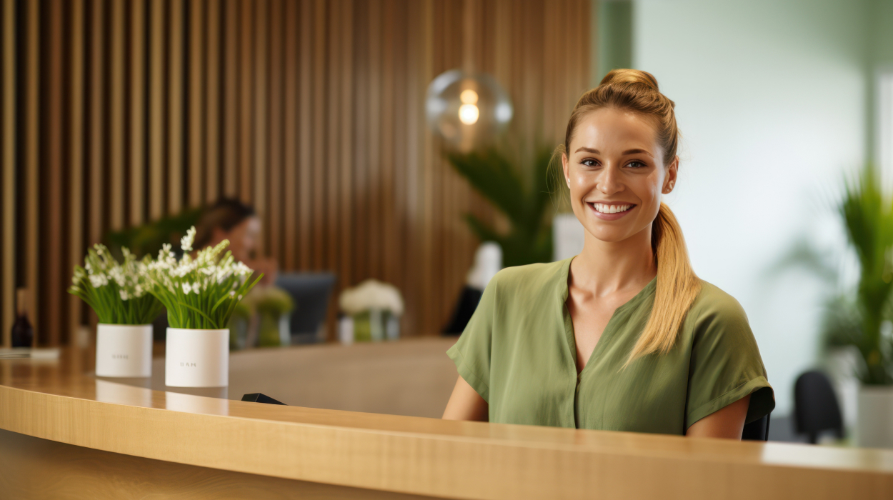 Med spa front desk staff member smiling and ready to increase med spa leads with better client intake