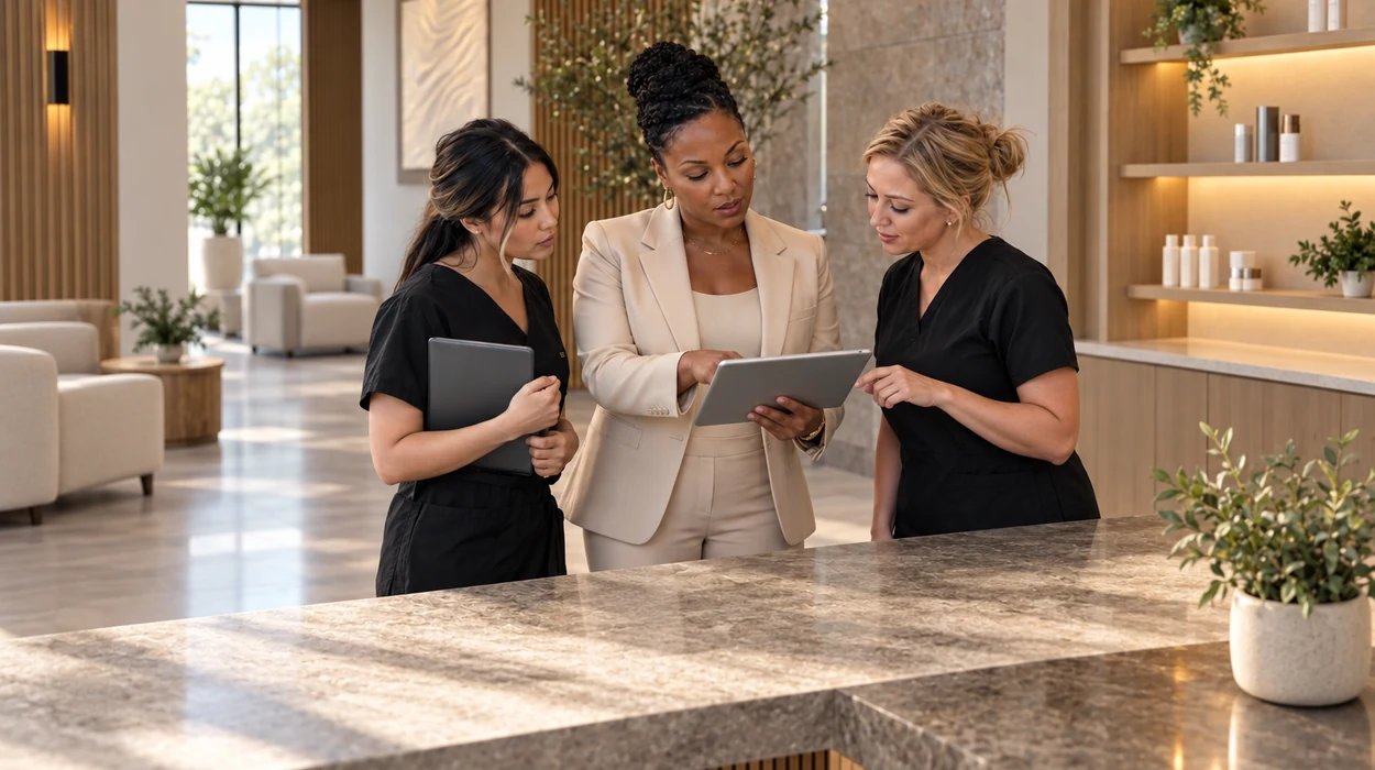 Med spa team preparing for peak holiday demand with medical aesthetics software and an organized front desk.