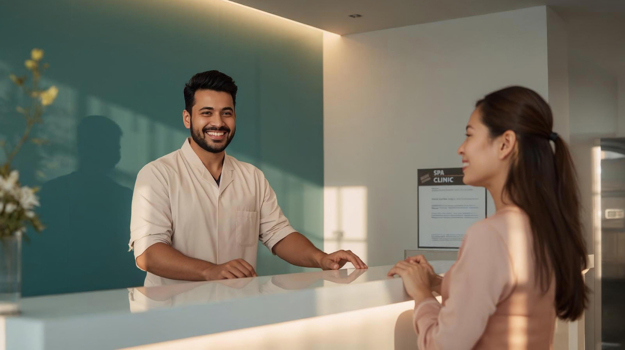 Med spa loyalty program rewards displayed on a tablet with a happy client checking in.