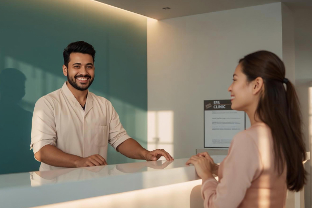 Med spa loyalty program rewards displayed on a tablet with a happy client checking in.