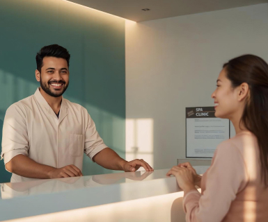 Med spa loyalty program rewards displayed on a tablet with a happy client checking in.