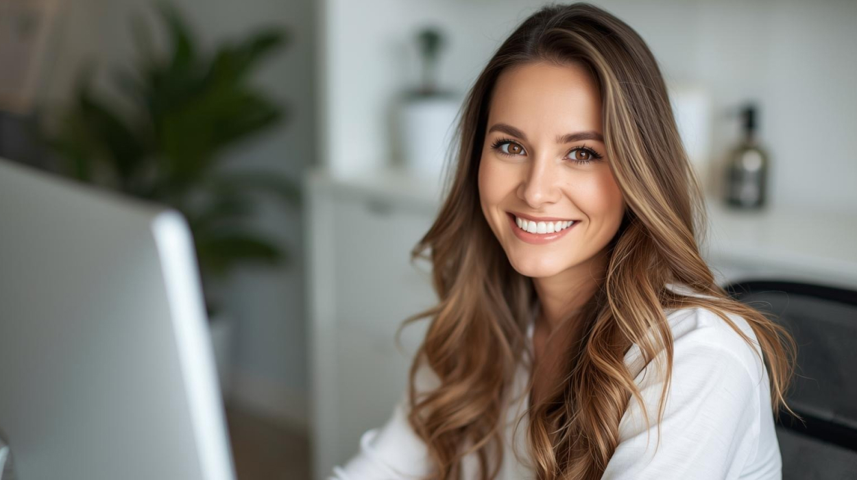 Med spa owner smiling at desk reviewing metrics in spa management software