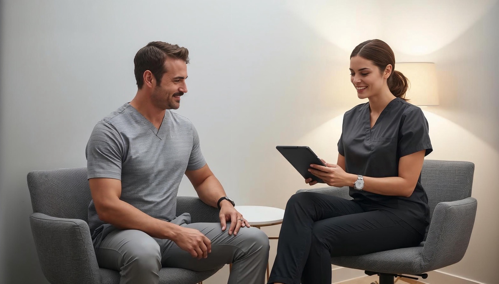 Men reviewing popular med spa treatments and loyalty program options