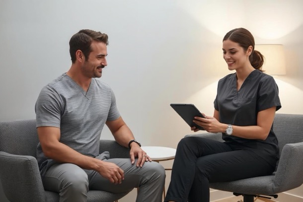 Men reviewing popular med spa treatments and loyalty program options