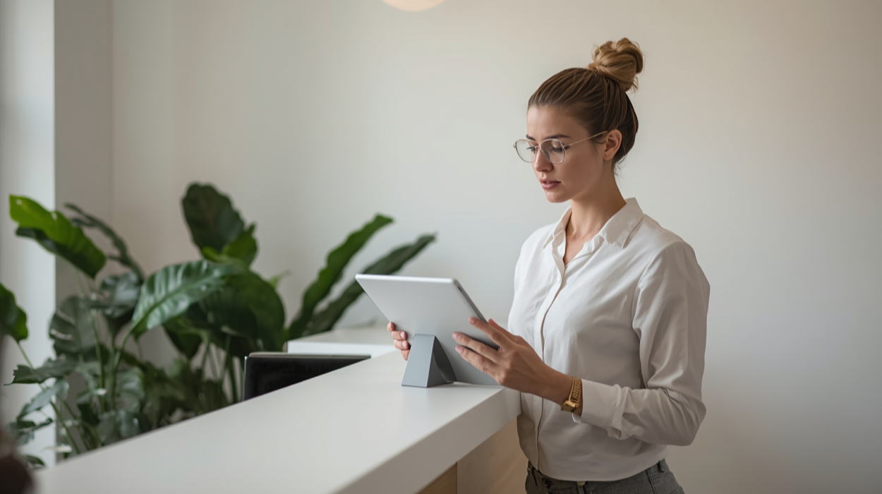 Med spa practice manager reviewing provider schedules and team workflows on a tablet as the medical spa management team grows