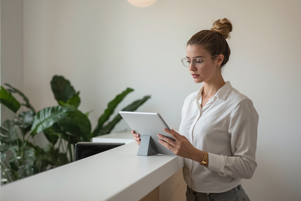 Med spa practice manager reviewing provider schedules and team workflows on a tablet as the medical spa management team grows