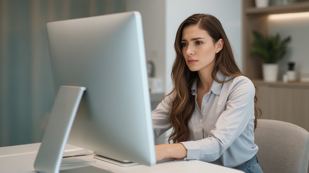 Medical spa owner reviewing her scheduling software at her desk, evaluating what good medi spa software should do in a full workday