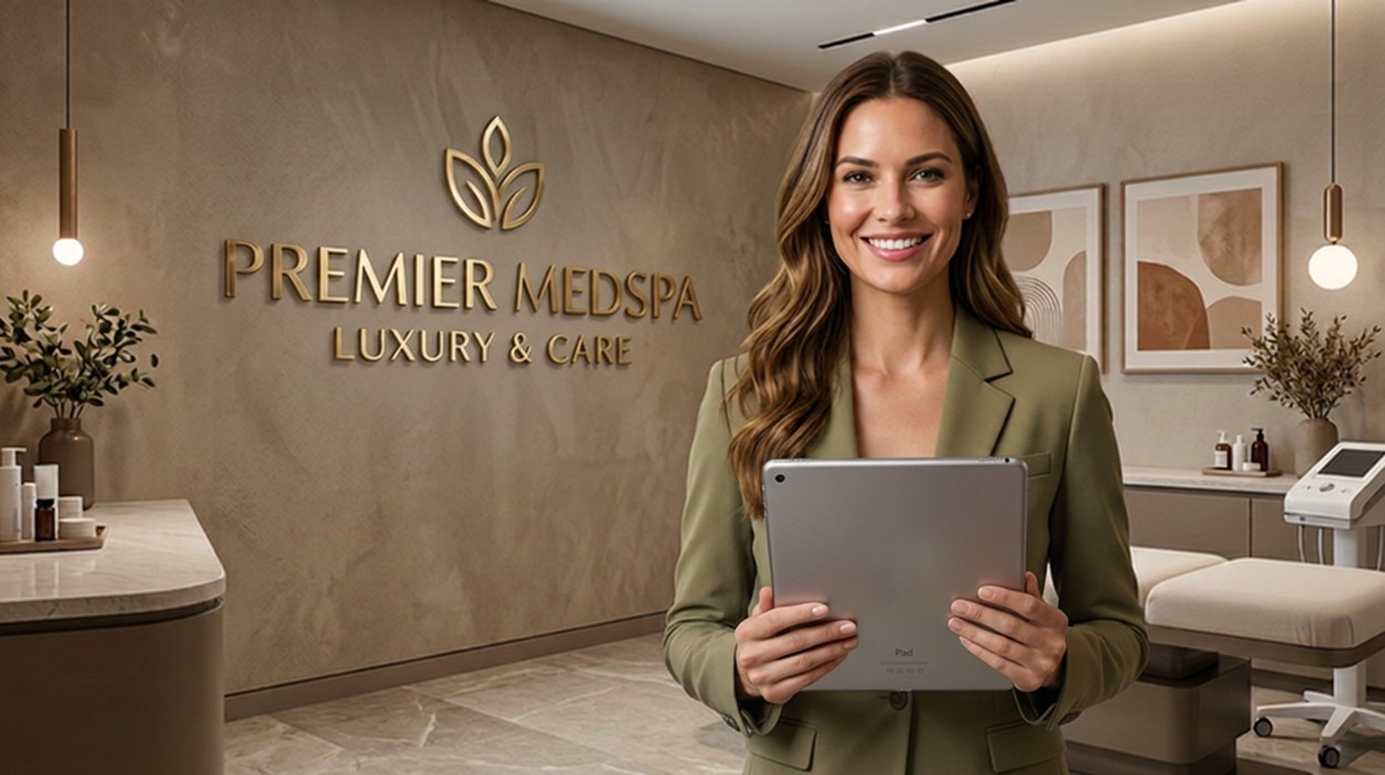 Medical spa management software displayed on a tablet and showing scheduling, client records, and reporting on one screen for the medical spa physician.