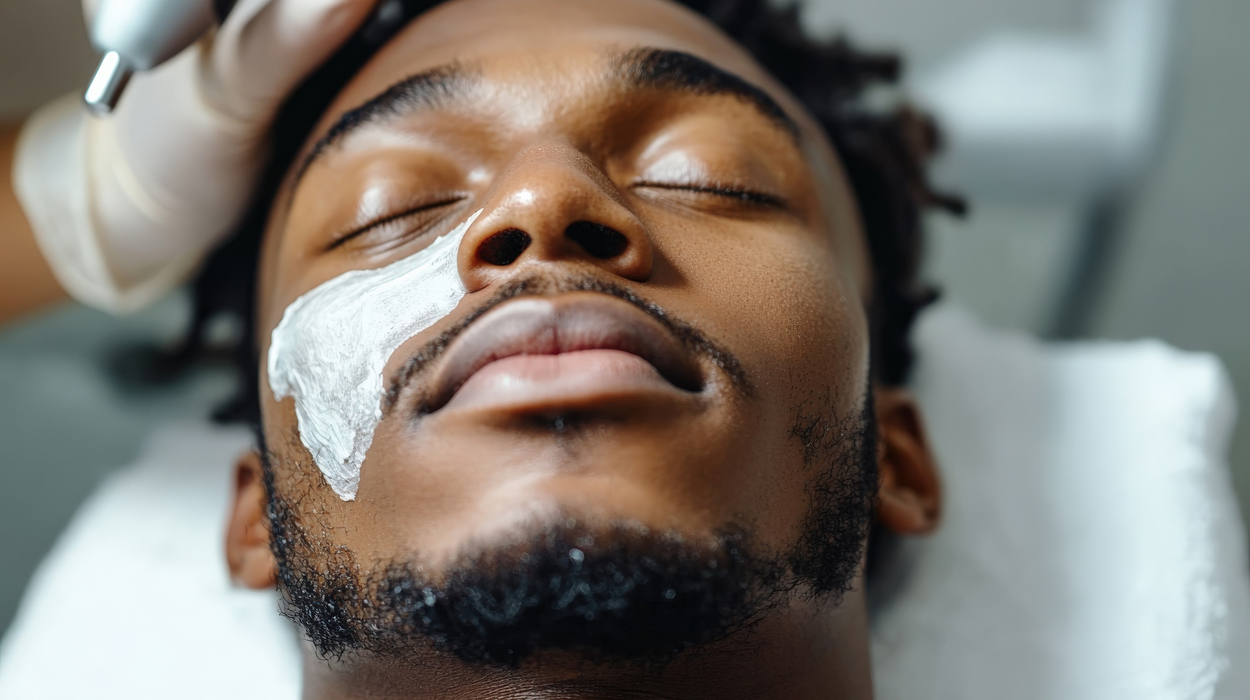 Male client receiving facial booked through medical spa software