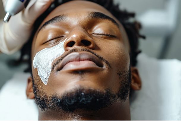 Male client receiving facial booked through medical spa software