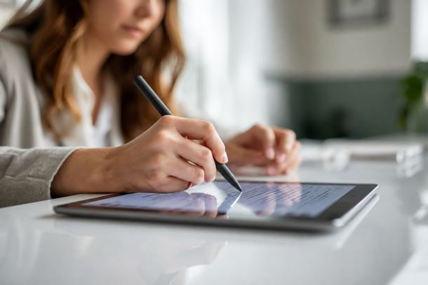 Med spa client signing a digital consent form on a tablet, part of the smooth intake process clients notice before booking