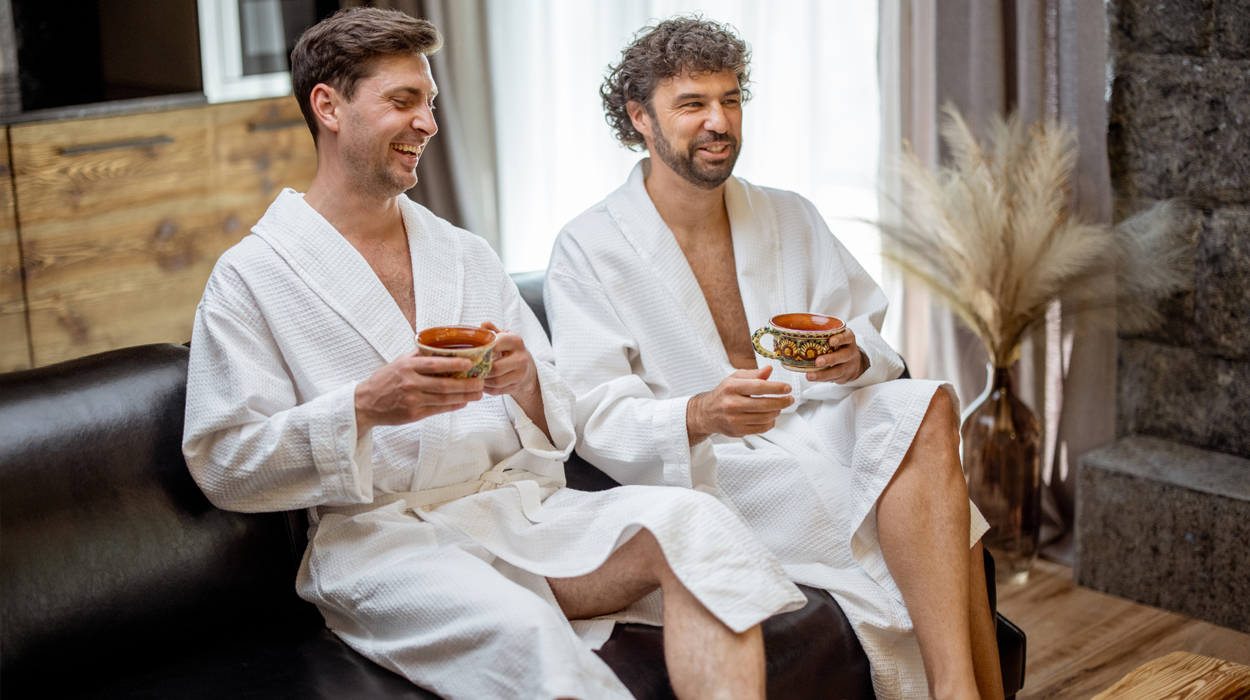 Fathers preparing for gifted medspa services.