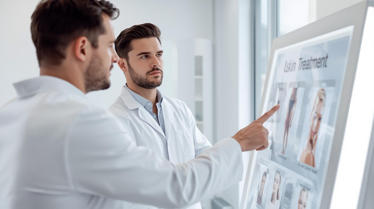 Male client and provider at an aesthetic clinic consulting with one another about skin treatment options