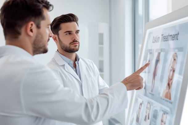 Male client and provider at an aesthetic clinic consulting with one another about skin treatment options