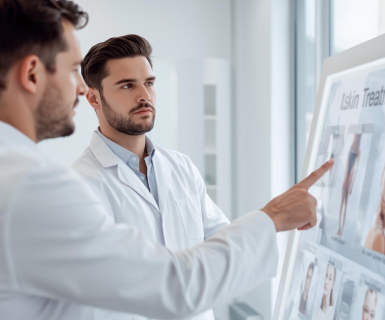 Male client and provider at an aesthetic clinic consulting with one another about skin treatment options