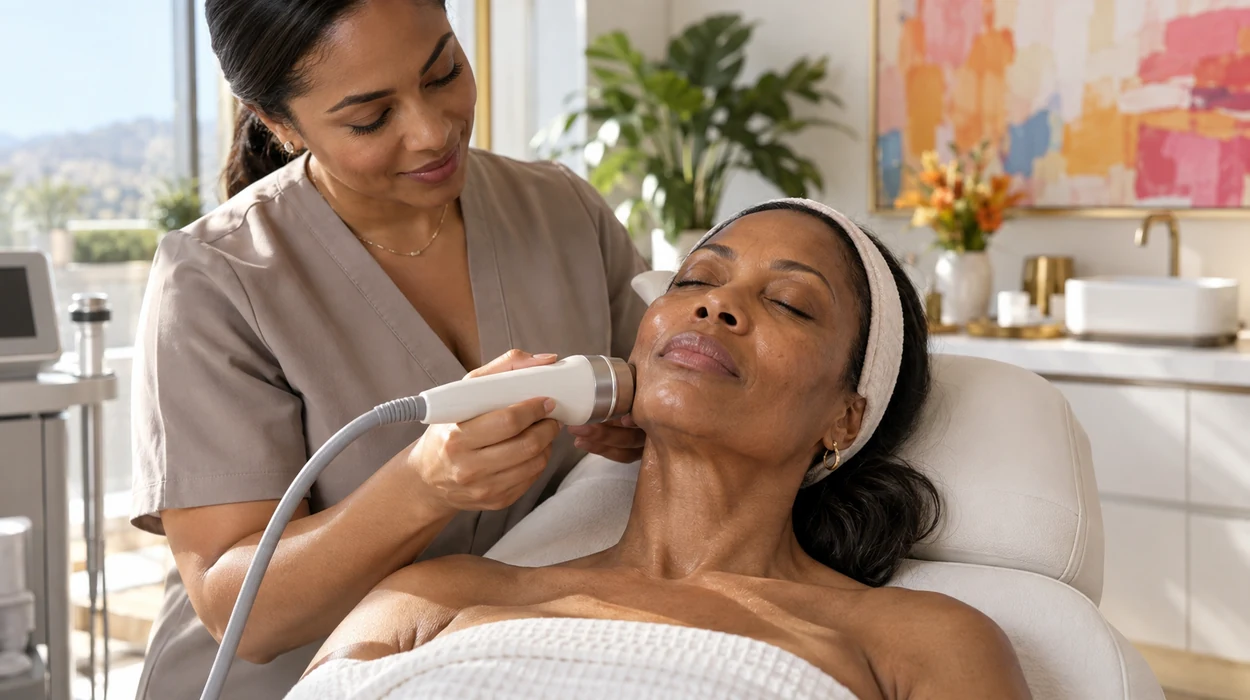 Client receiving a non-invasive skin-tightening treatment for post-GLP-1 jawline and neck laxity at a med spa using aesthetic EMR software.