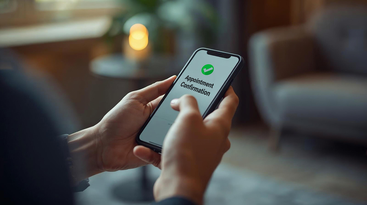 Client receiving automated appointment confirmation on smartphone through medical spa appointment software