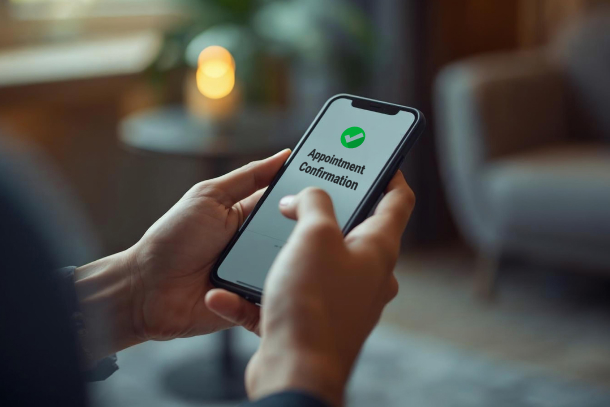 Client receiving automated appointment confirmation on smartphone through medical spa appointment software