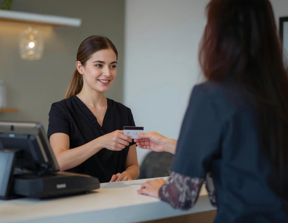 Medspa aesthetician using medi spa management software to take payment from a happy client.
