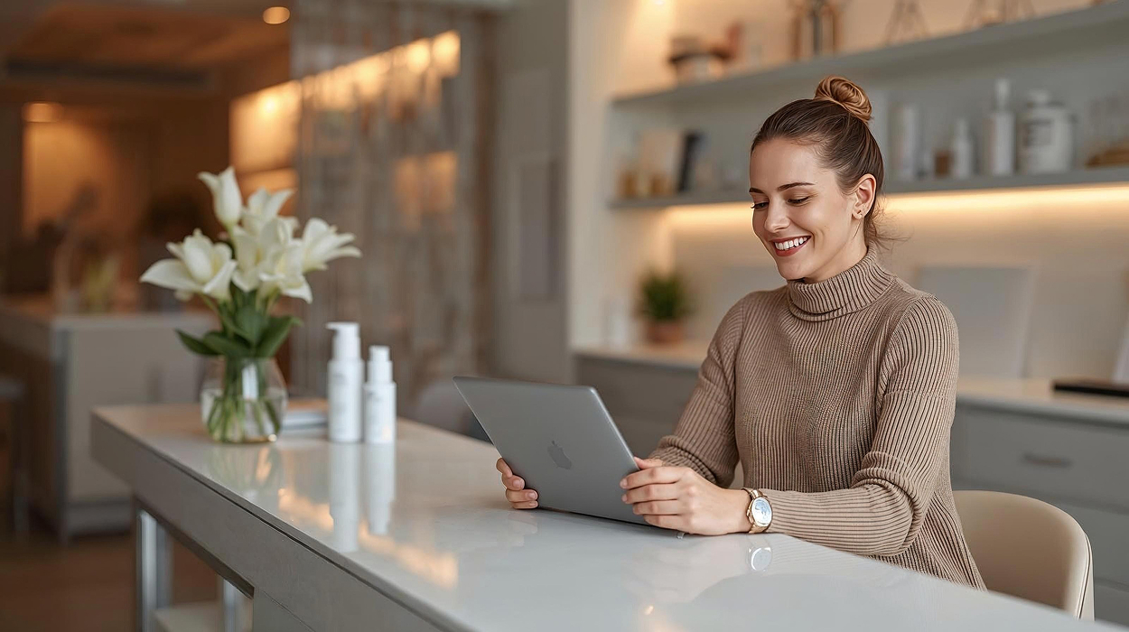 Med spa owner smiling while reviewing spa management software on a tablet at a modern clinic front desk