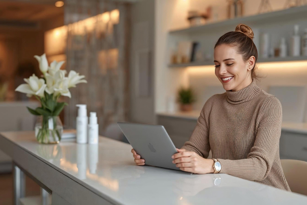 Med spa owner smiling while reviewing spa management software on a tablet at a modern clinic front desk