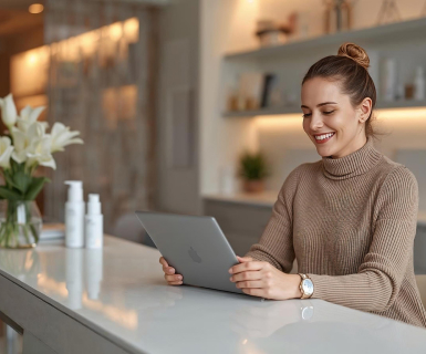 Med spa owner smiling while reviewing spa management software on a tablet at a modern clinic front desk