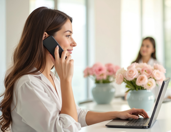 Front desk team member feeling confident using spa management software to upsell med spa loyalty program to client over the phone.