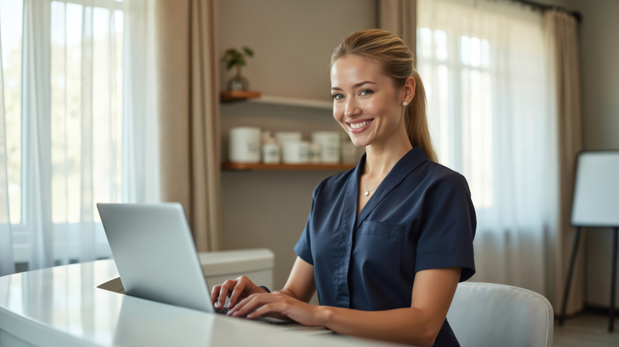 Practitioner using online medical spa software to book an aesthetic treatment appointment for her client.