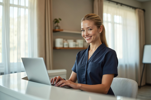 Practitioner using online medical spa software to book an aesthetic treatment appointment for her client.