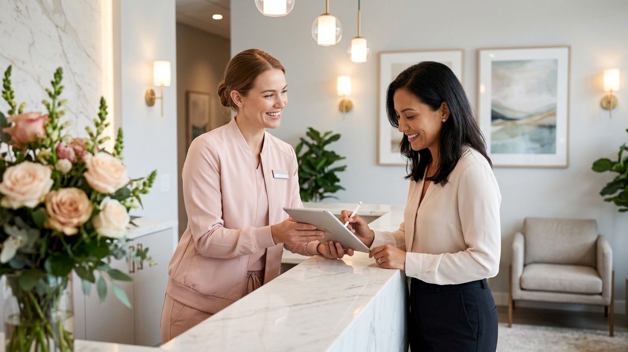 Medspa manager reviewing spa management software dashboard on a tablet at a modern front desk