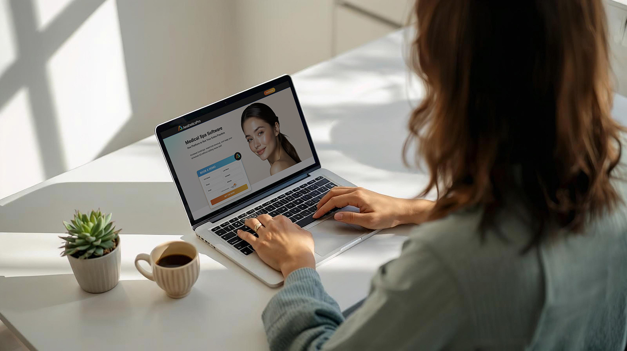 Medspa owner evaluating spa management software options on a laptop