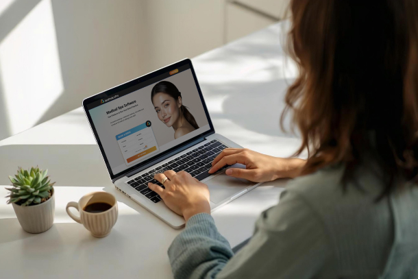 Medspa owner evaluating spa management software options on a laptop