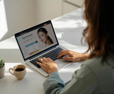 Medspa owner evaluating spa management software options on a laptop