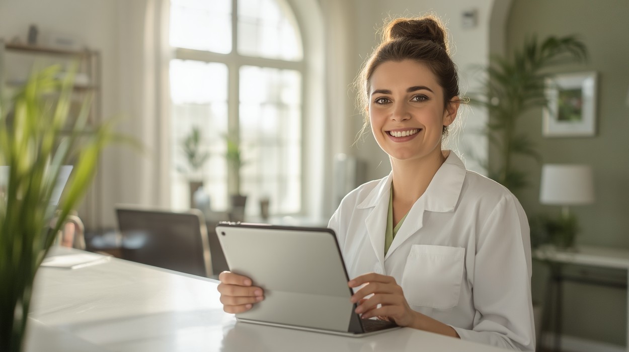 Smiling medical spa front desk coordinator using a tablet, showing how easy good medi spa software makes the day