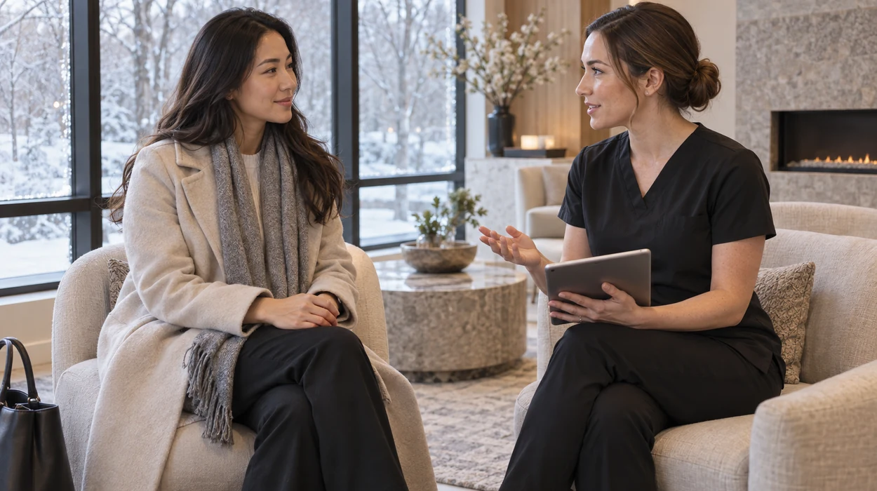 Client planning winter aesthetic procedures with a provider using a medical spa software system.