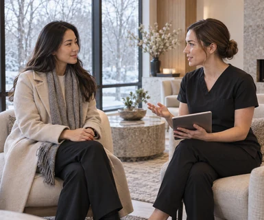 Client planning winter aesthetic procedures with a provider using a medical spa software system.