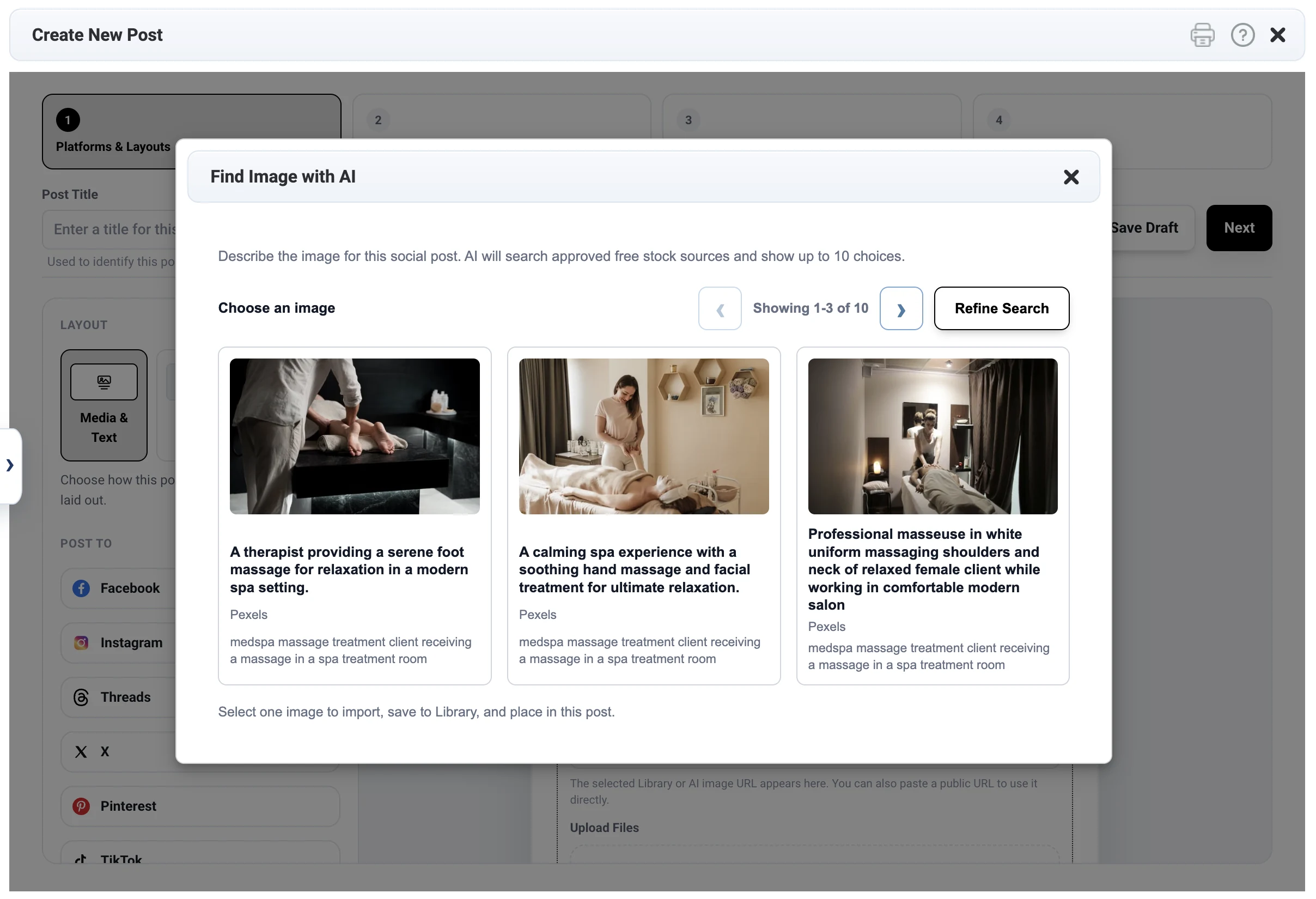 AestheticsPro medical spa software AI marketing workflow showing the Find Image with AI interface and suggested results.
