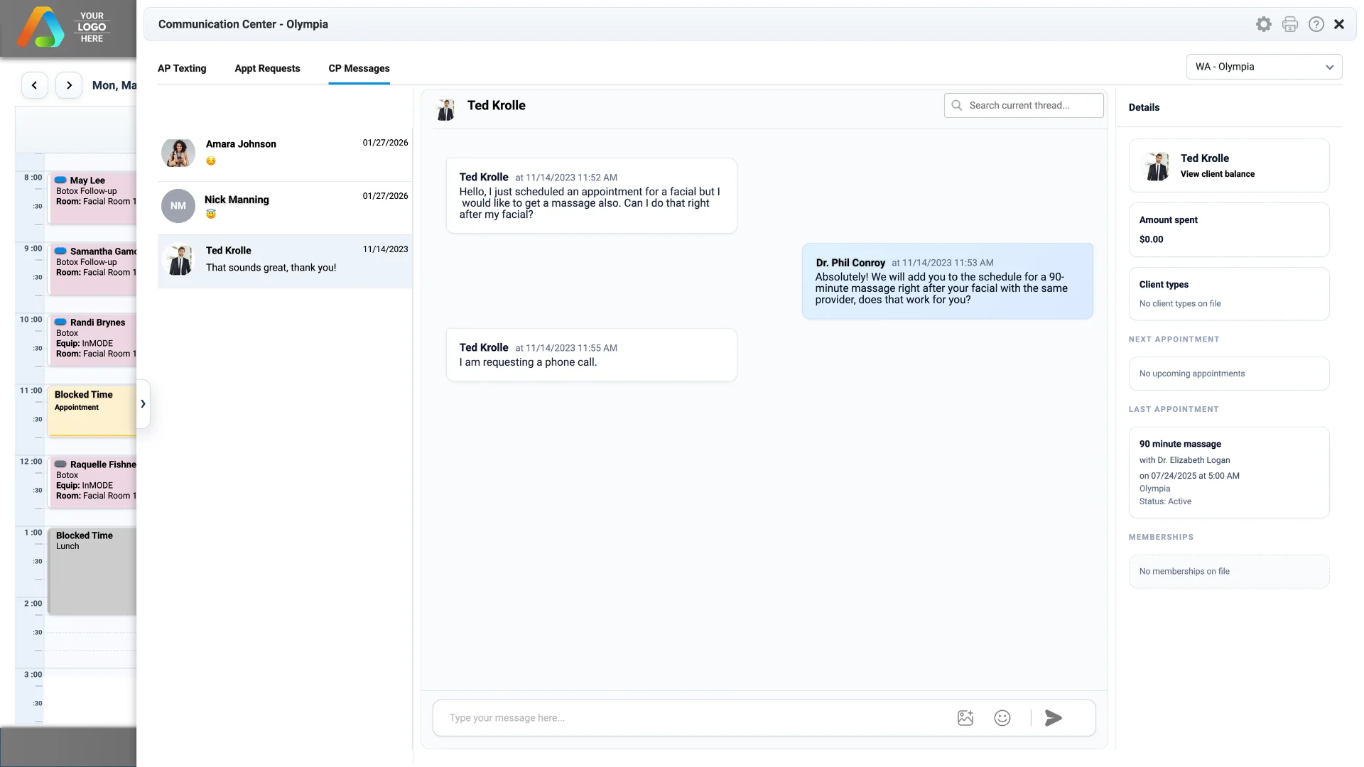 Two-way messaging between clients and providers in AestheticsPro medspa software