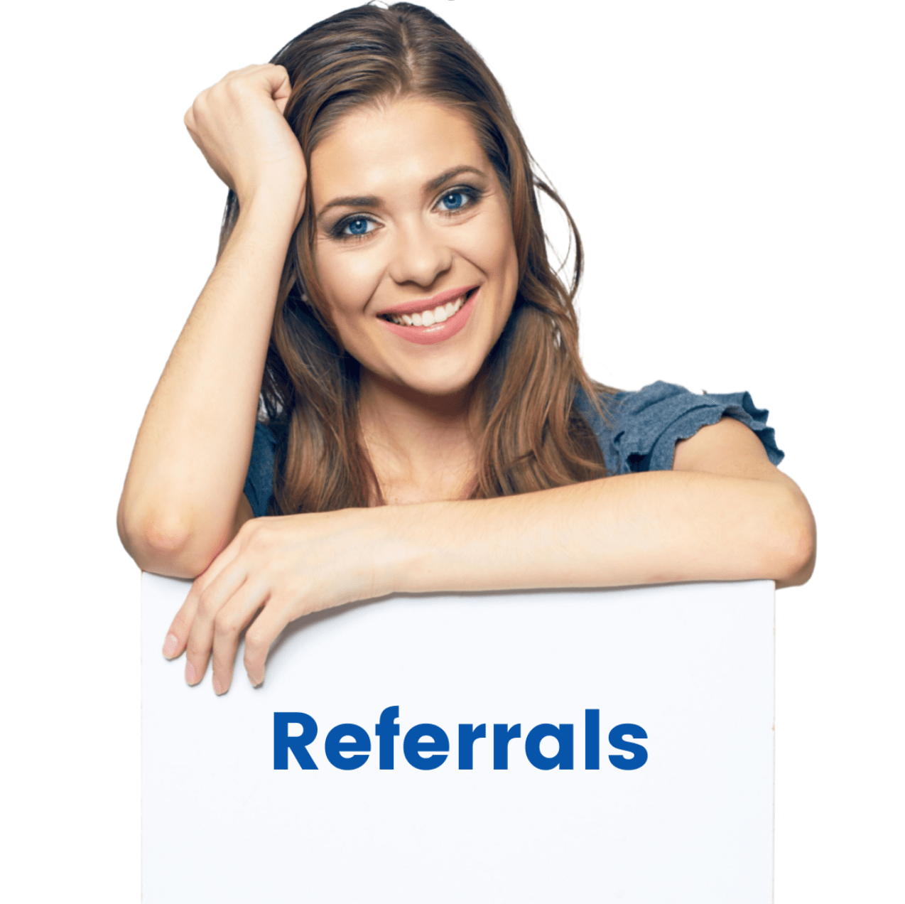 Woman with sign that says â€œreferralsâ€� to promote medspa referral program.