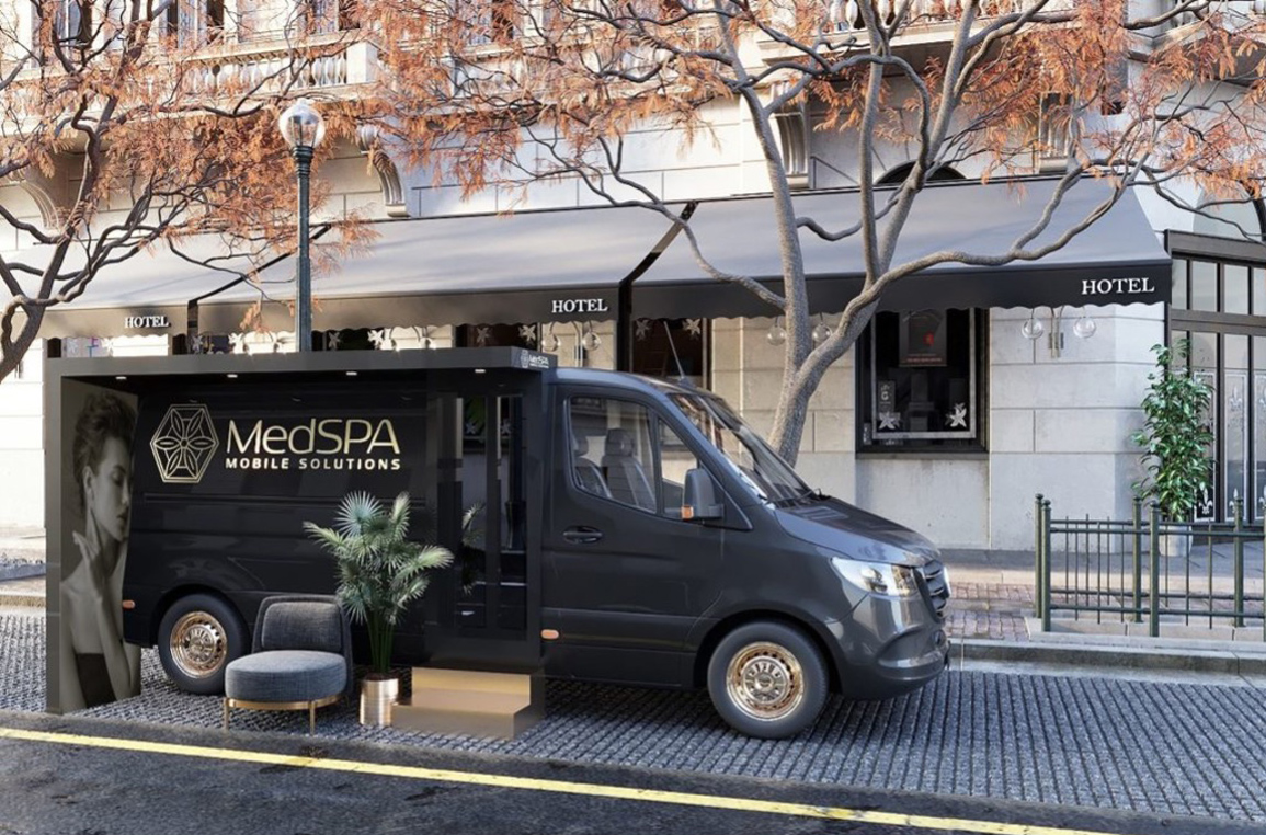 A mobile medical spa sets up for medspa clients.