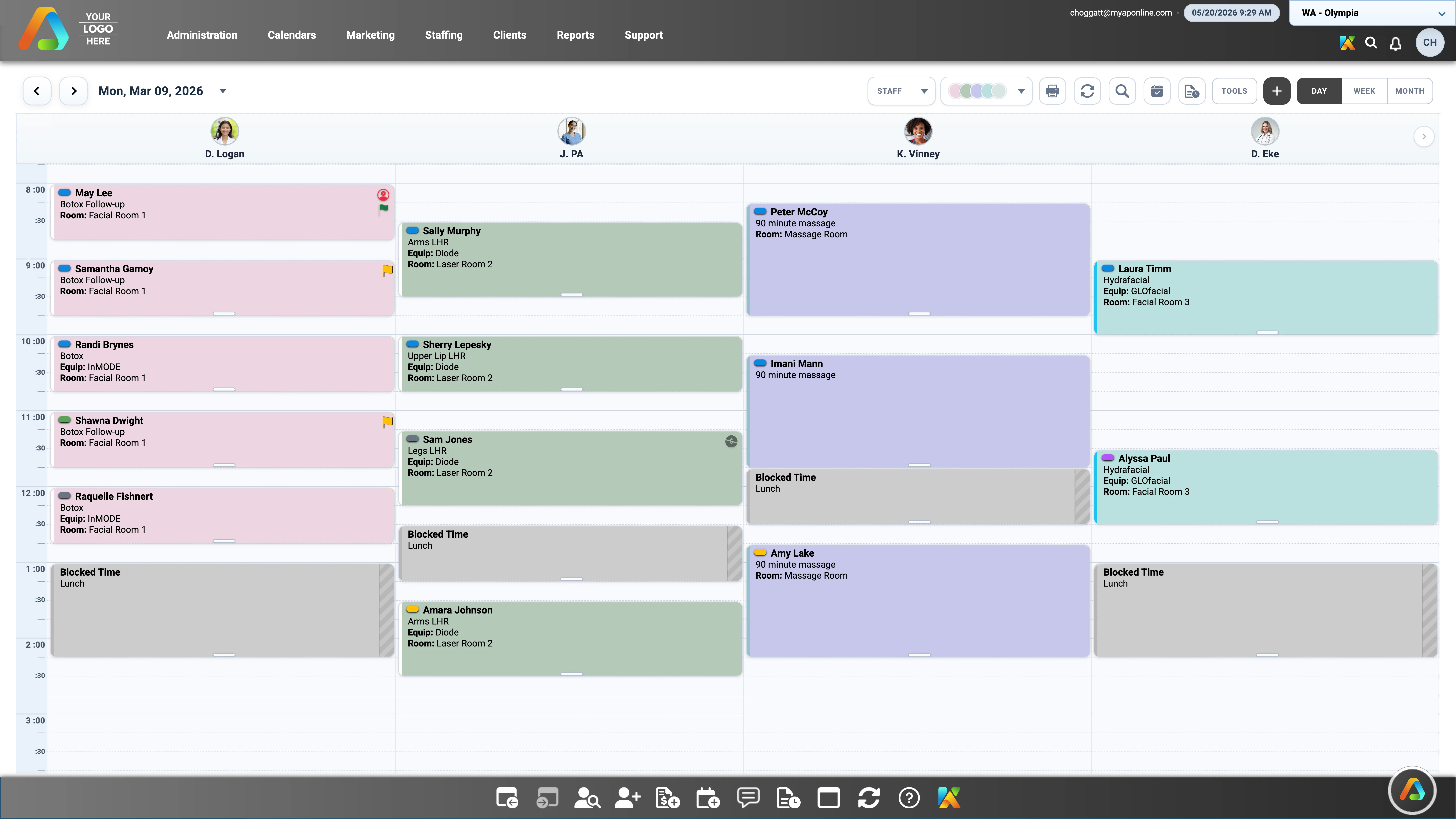Spa management software calendar with daily staff and appointment scheduling
