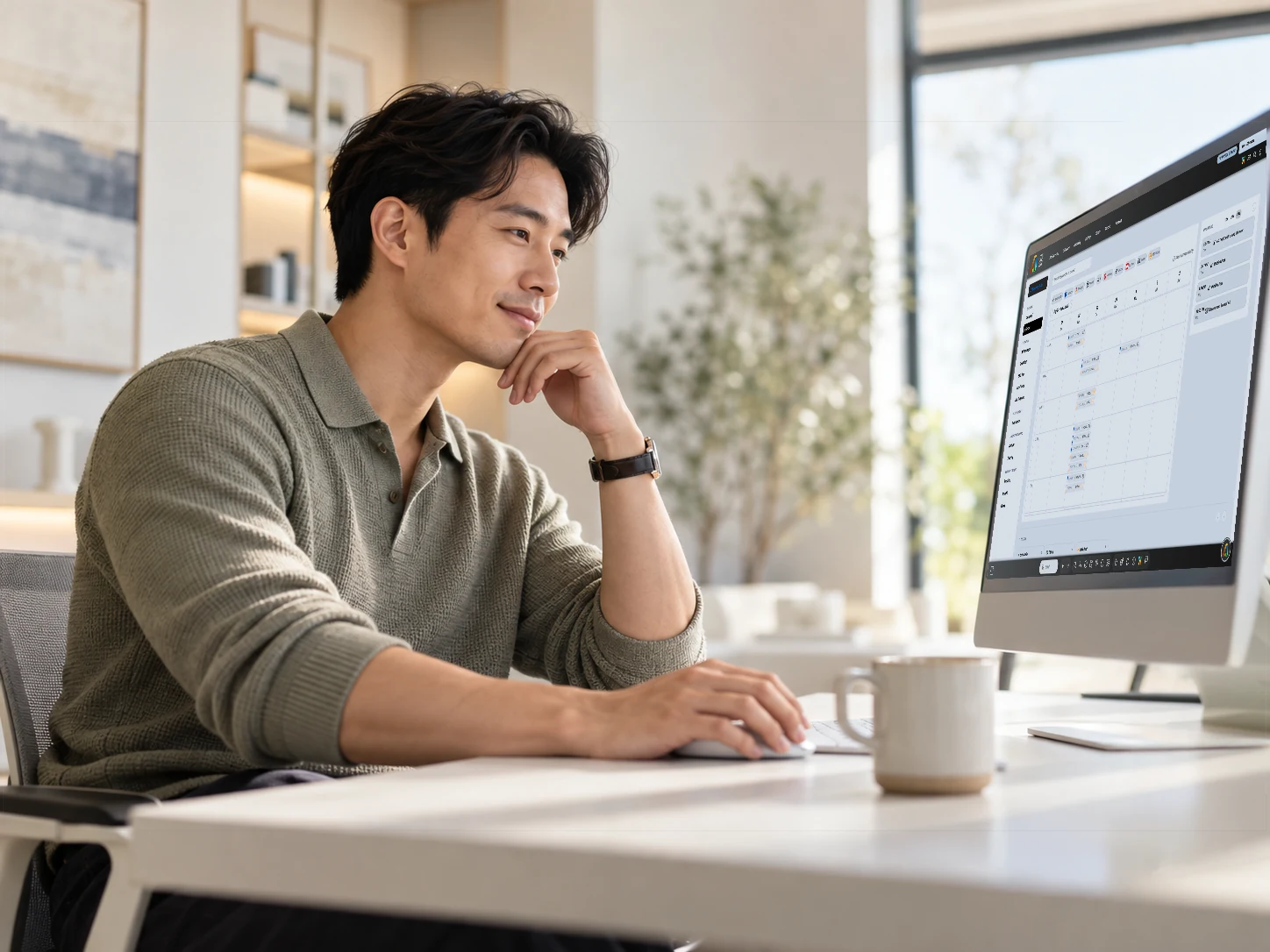 Professional reviewing marketing performance in a bright modern workspace.