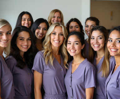 Happy medspa team smiling together showing benefits of four-day work week and medical spa management software