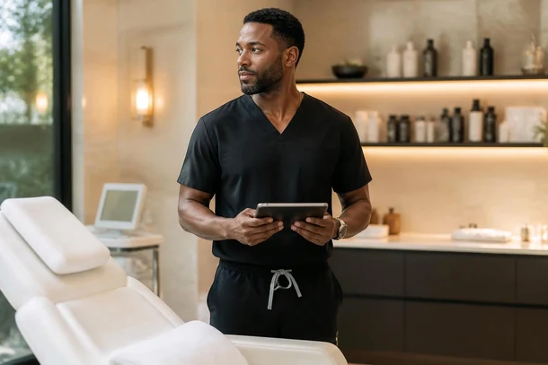 Aesthetic provider using medi spa software on a tablet in a modern medical spa treatment room.