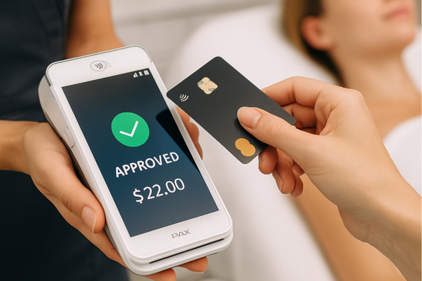 Medical spa guest paying with a credit card through built-in payment tools in aesthetic clinic software.