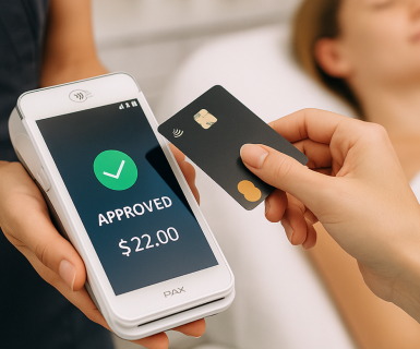 Medical spa guest paying with a credit card through built-in payment tools in aesthetic clinic software.
