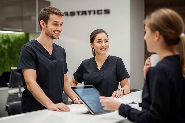 Medical spa professionals using the medical spa management software to schedule a follow up appointment with a client.